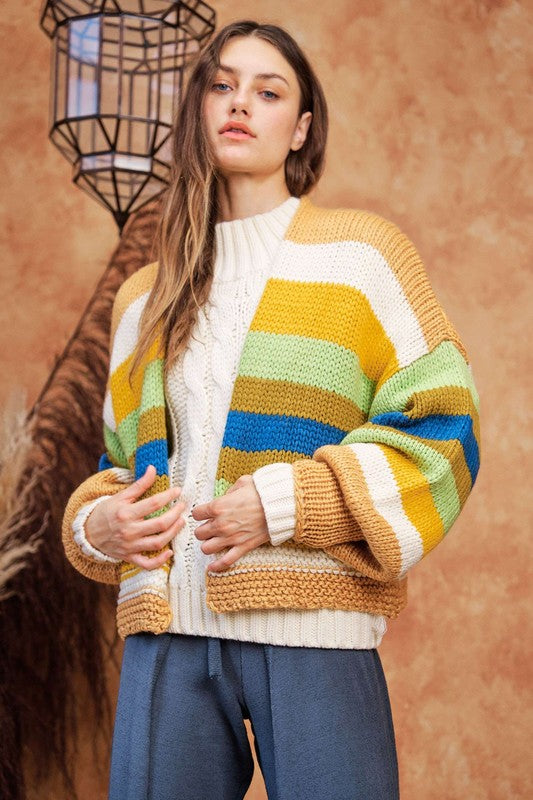 Davi & Dani Camel Multi Contrast Striped Open Front Lantern Sleeve Cardigan Camel Multicolor Cardigan