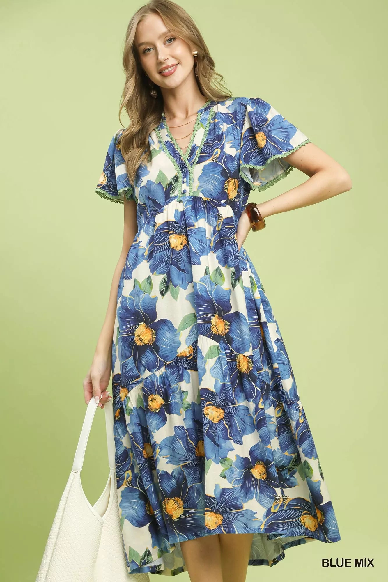 Umgee Tropical Floral V-Neck Flutter Sleeve Tiered Midi Dress BLUE MIX