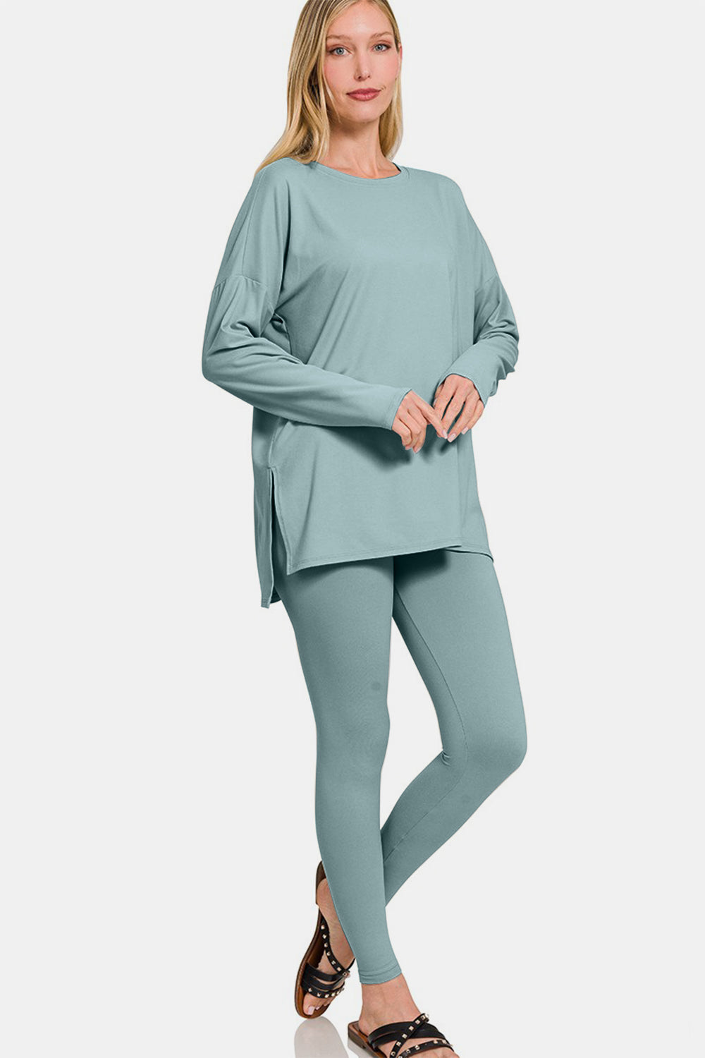 Zenana Blue Grey Brushed Microfiber Long Sleeve Top and Leggings Lounge Set Trendsi
