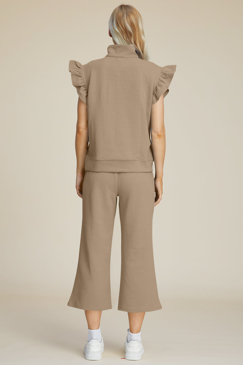 Double Take Geometric Textured Ruffle Short Sleeve Top and Wide Leg Pants Set Trendsi