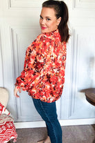 Haptics Rust Floral Print Notched Neck Smocked Satin Top Haptics