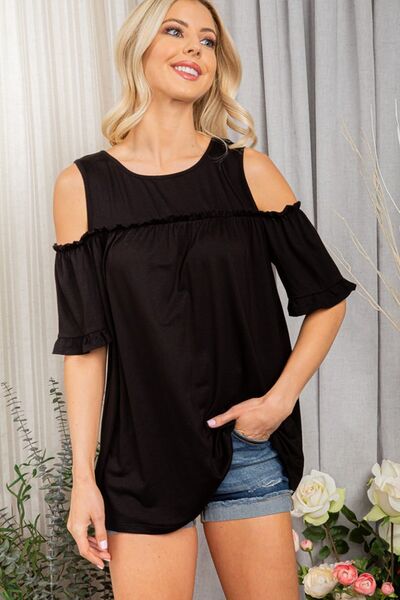 Heimish Frill Round Neck Cold Shoulder T-Shirt