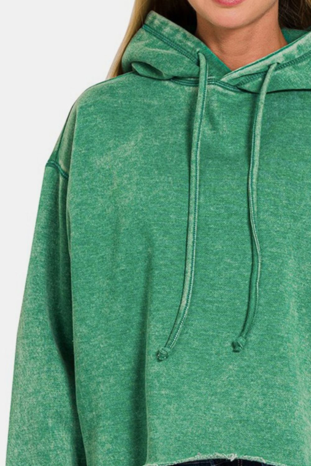 Zenana Forest Green Acid Washed Fleece Cropped Hoodie Shirts & Tops