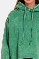 Zenana Forest Green Acid Washed Fleece Cropped Hoodie Shirts & Tops