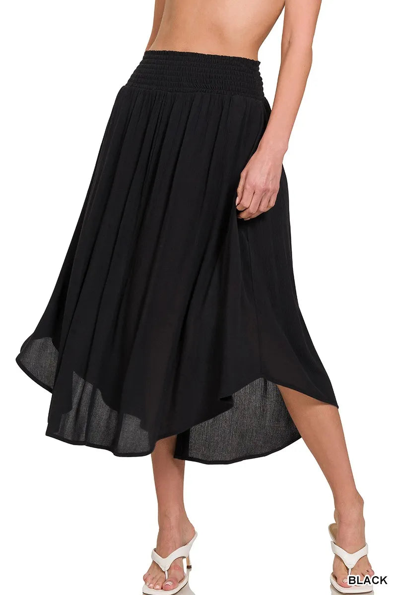 Zenana Black Woven Crinkle Smocked Waist Maxi Skirt W Pockets BLACK