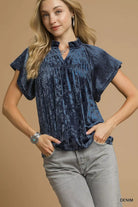 Umgee Denim Crushed Velvet Pleated Blouse DENIM