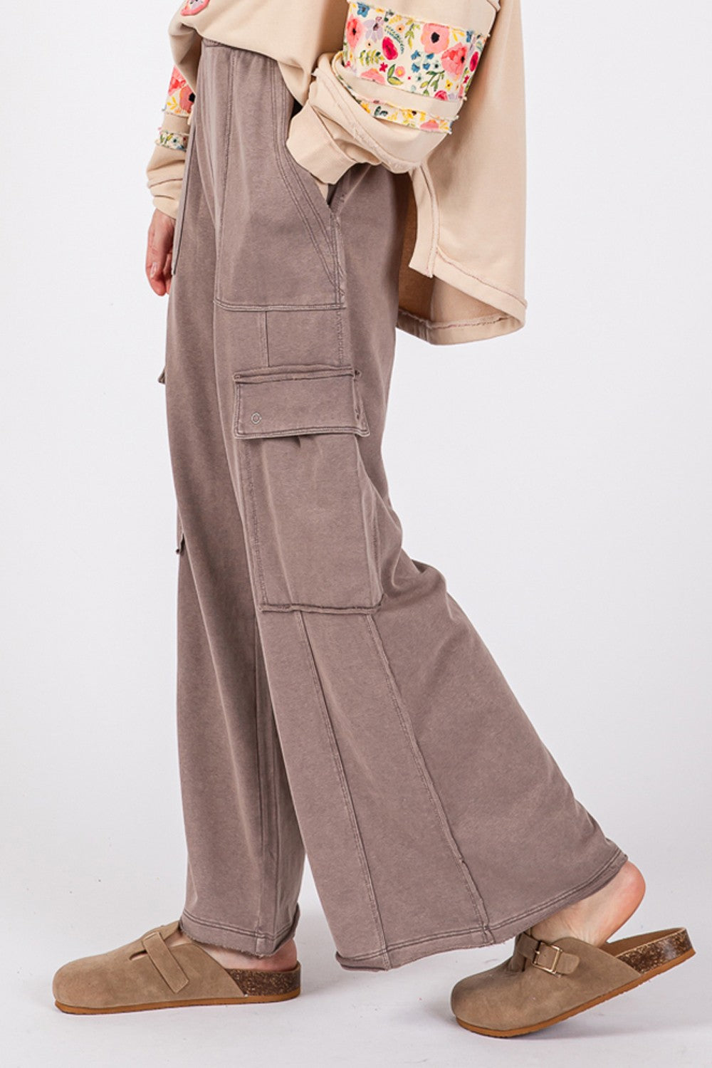 SAGE + FIG Charcoal Knit Terry Mineral Wash Wide Leg Pants Trendsi