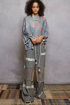 POL Heather Grey Butterflies Pattern Round Neck knit Top with Outseam Rolling Edge