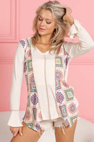 BiBi Cream Granny Square Print Contrast Annie Rib V Neck Top CREAM