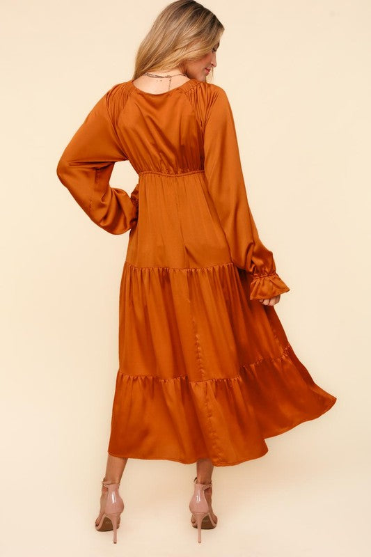 Haptics Elegant Rust Elastic V Neck Tiered Satin Maxi Dress Haptics