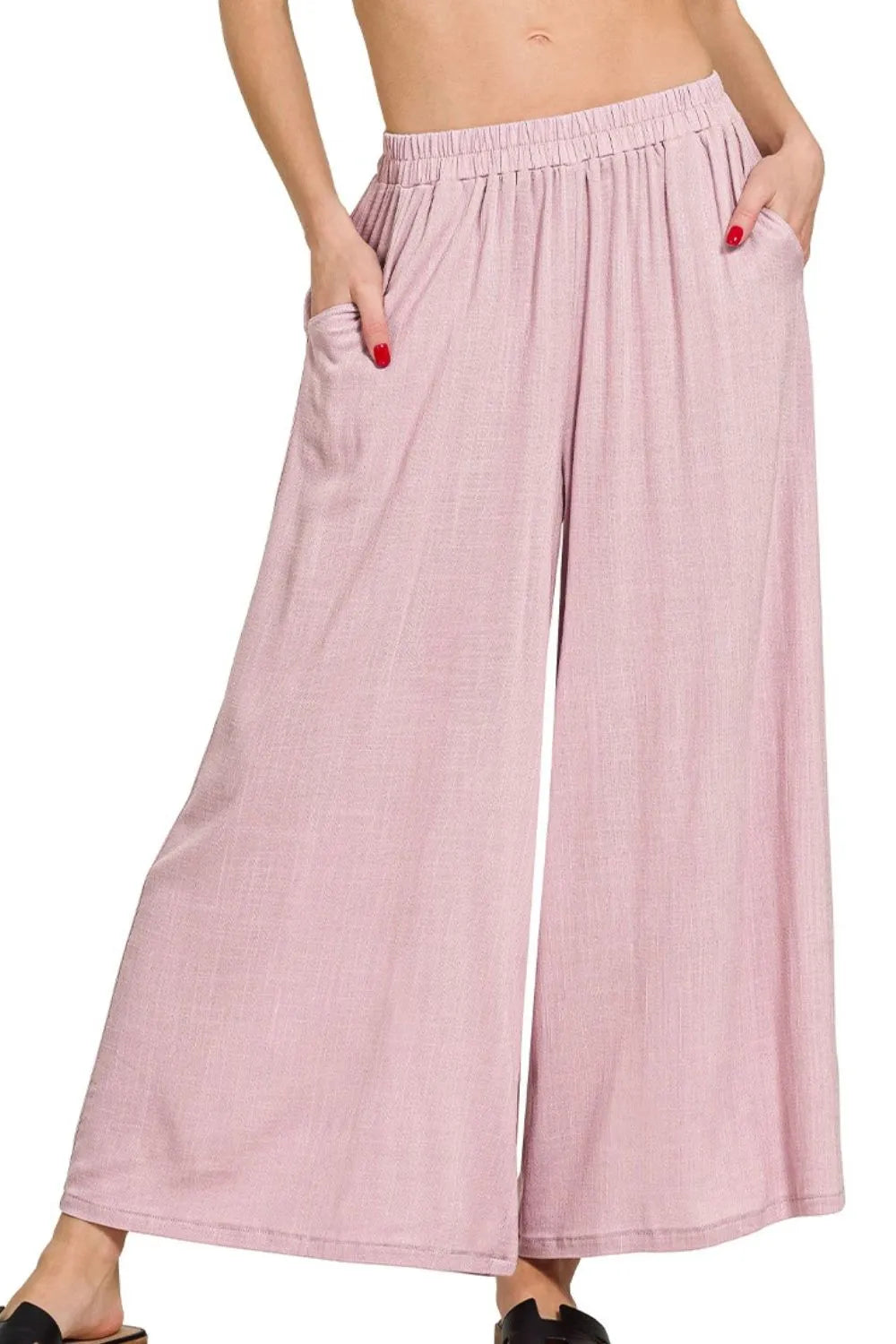 Zenana Light Rose Woven Elastic Band Pants With Pocket
