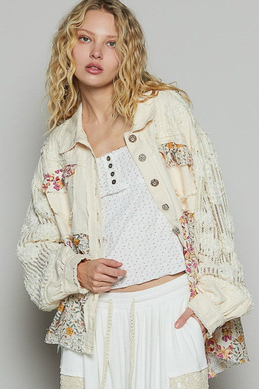 POL Cream Floral Crochet Lace Frayed Edge Button Up Shacket