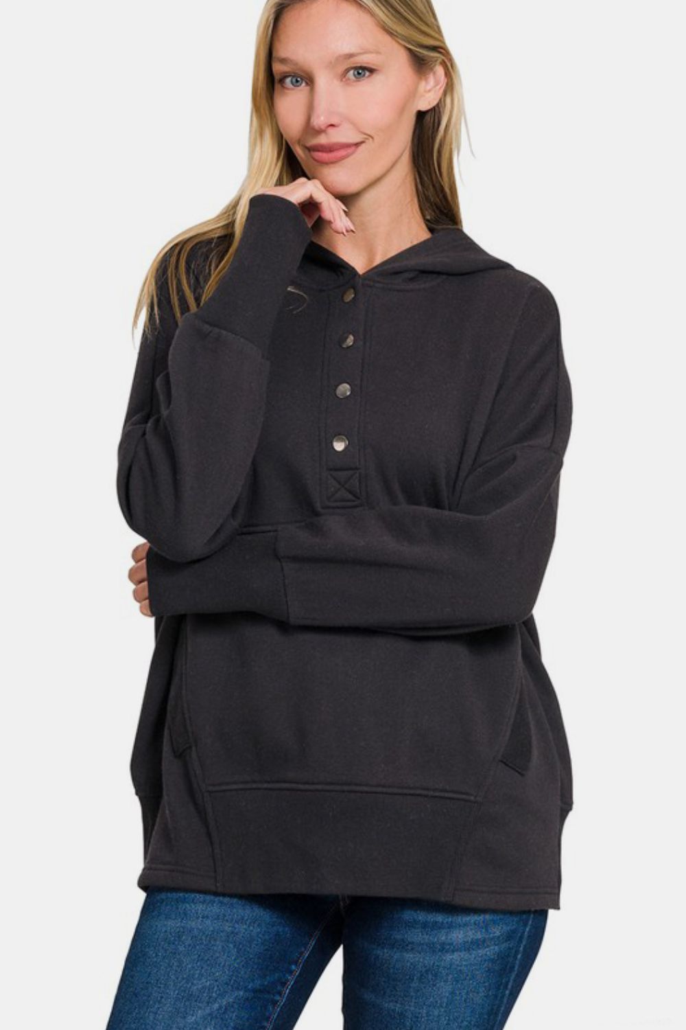 Zenana Black Half Snap Long Sleeve Hoodie with Kangaroo Pocket Shirts & Tops