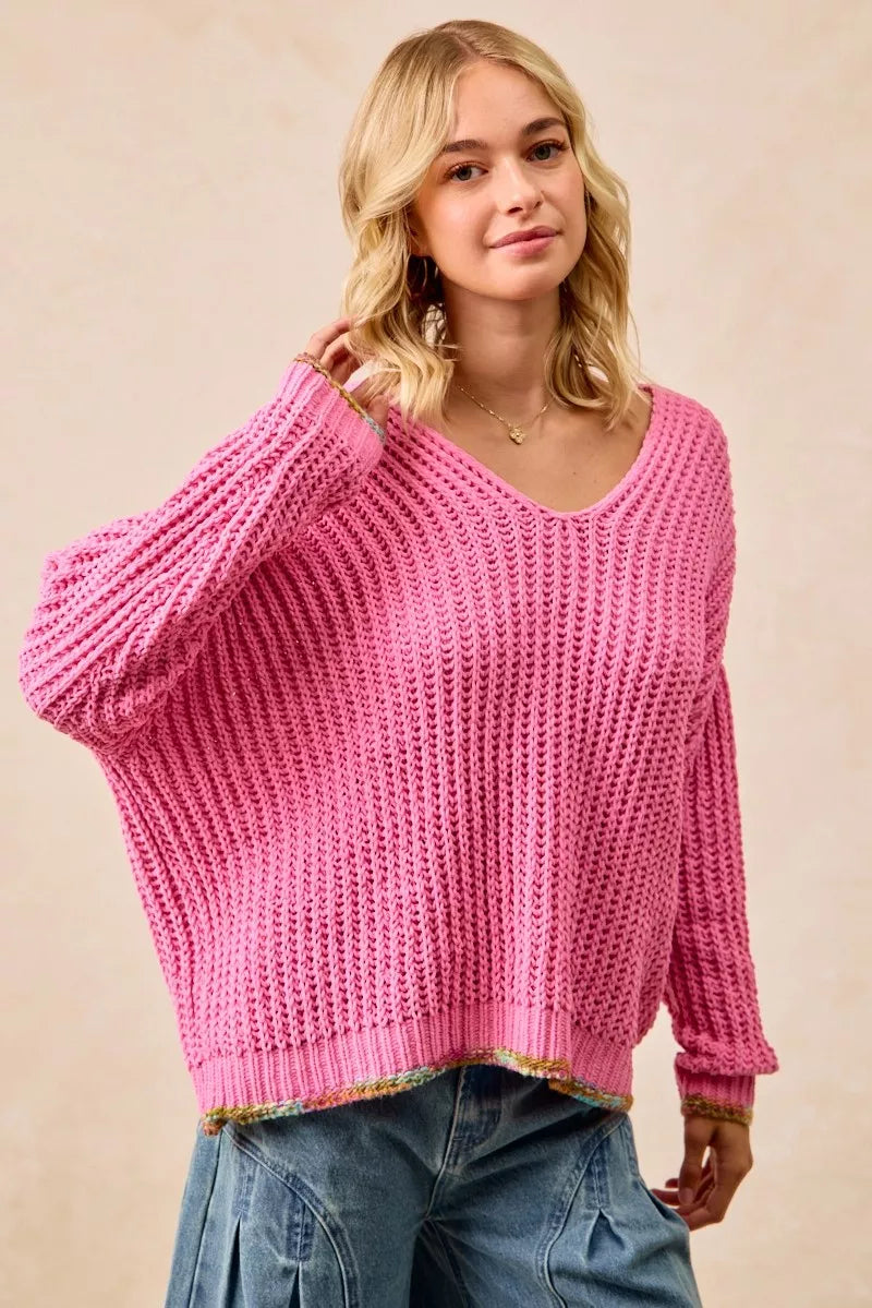 BiB Pink V-Neck Sweater with Colorful Trim