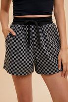 Annie Wear Black Checkered Round Neck Top and Drawstring Shorts Set