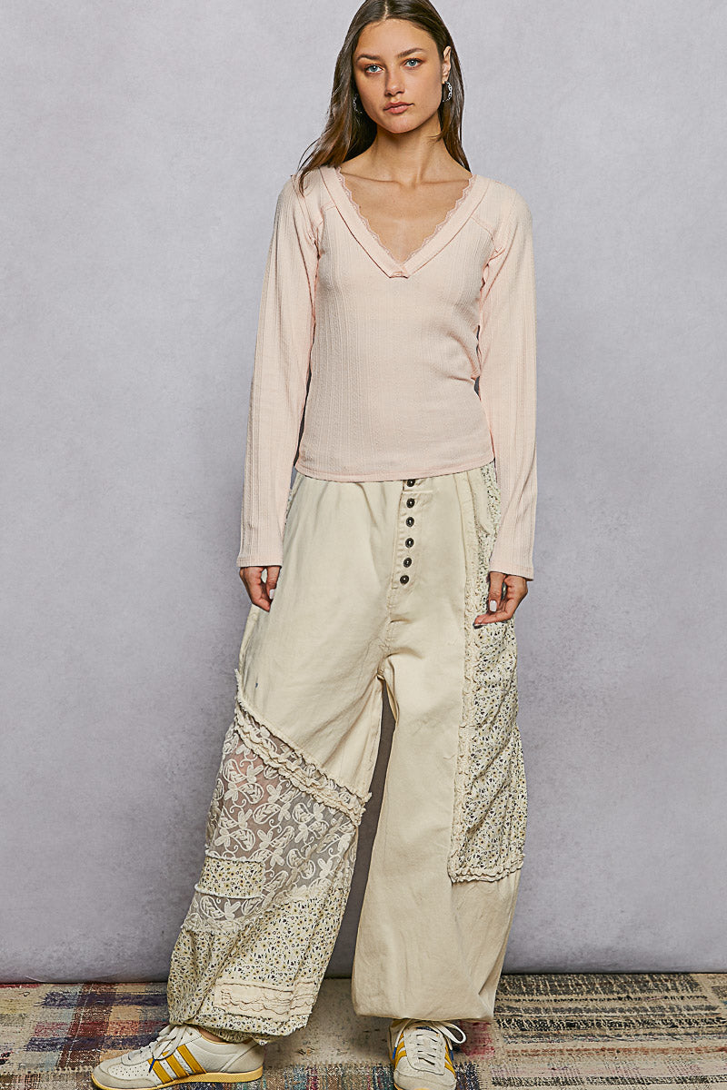 POL Blush V-Neck Long Sleeve Ribbed Top with Lace-Accent Neckband