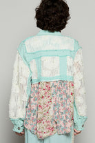 POL Mint Blue Floral Crochet Lace Frayed Edge Button Up Shacket