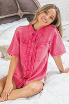 BiBi Fuchsia Mineral Washed Wrinkle Gauze Raw Edge Shirt Top