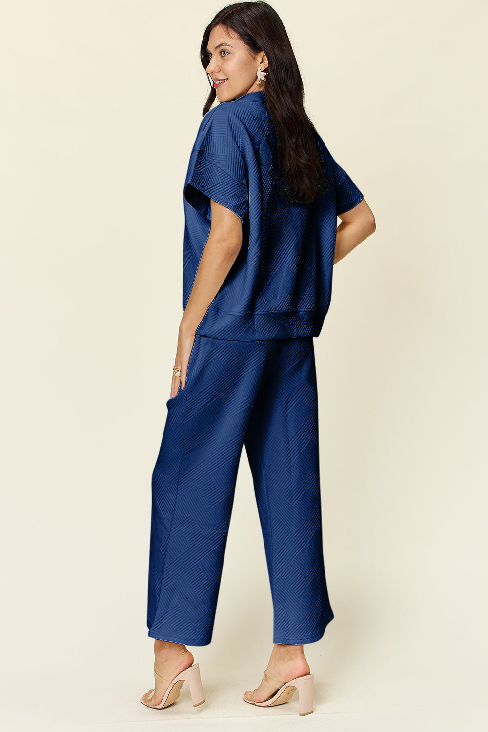 Double Take Quilted Textured Half Zip Short Sleeve Top and Pants Set Trendsi