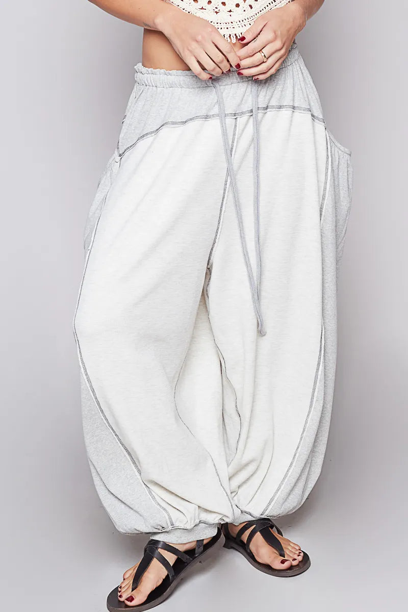POL Gray Overlock Contrast Stitch Detail Thermal Pants with Drawstring Waist Light Gray