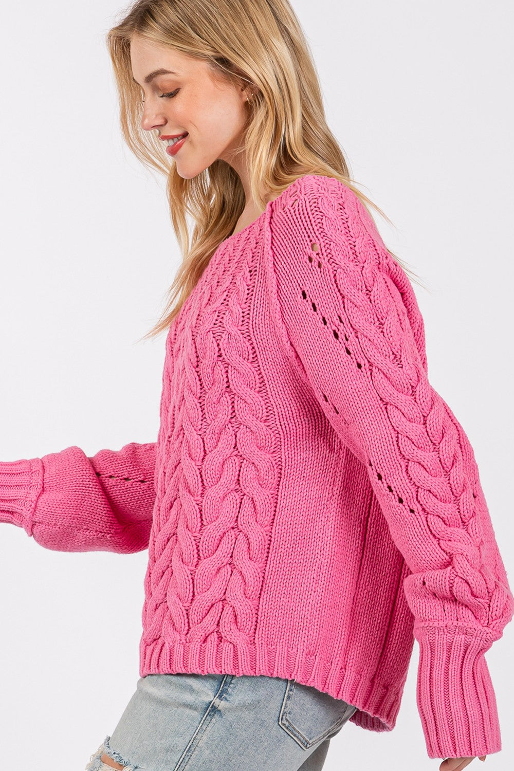 SAGE + FIG Deep Pink Cable-Knit Long Sleeve Sweater Trendsi