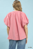 Umgee Light Punk Lace Inset Puff Sleeve Boho Blouse