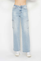 Judy Blue Light Washed High Waist Straight Cargo Jeans Light Denim