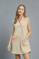 Umgee Frill Contrast Trim Sleeveless Luxe Knit Mini Dress Tan