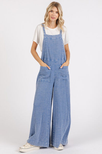 Mittoshop Blue Mineral Washed Textured Wide Leg Overalls Blue