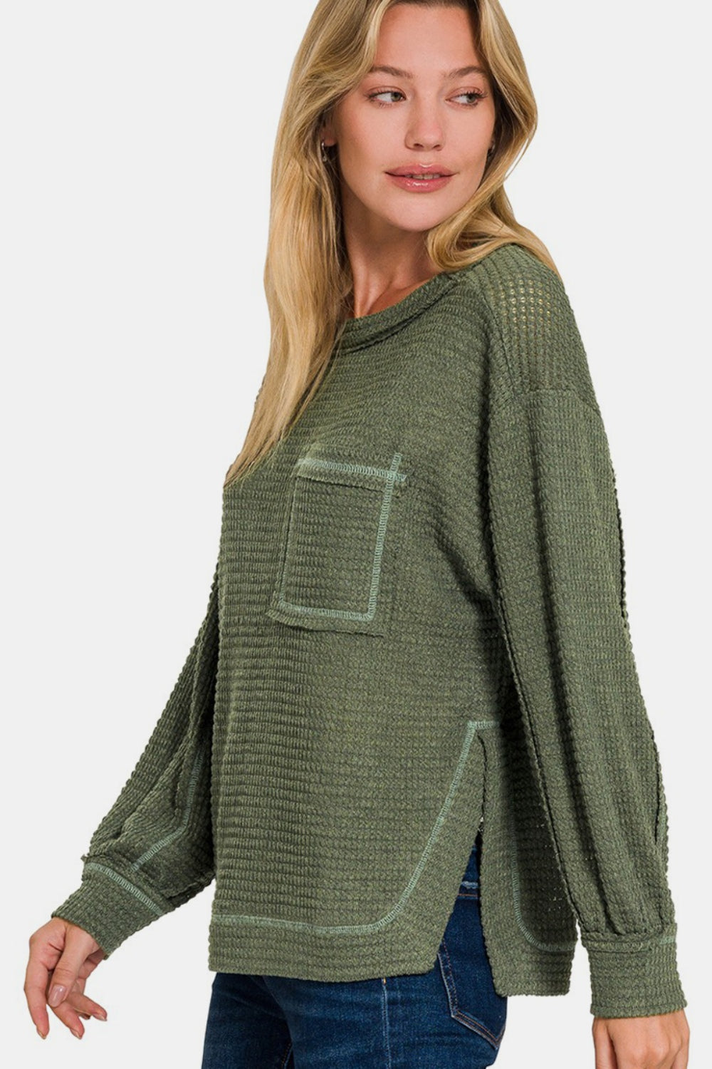 Zenana Dk Olive Exposed Seam Side Slit Long Sleeve Top Trendsi