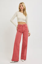 RISEN High Rise Tummy Control Wide Leg Jeans in Brick Trendsi