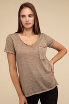 Washed Melange Burnout Scoop V-Neck Top ZENANA