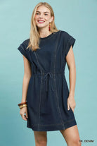 Umgee Dark Denim Drawstring Waist Frayed Denim Mini Dress DK. DENIM