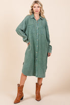 Mittoshop Mineral Wash Cotton Gauze Midi Shirt Dress Pine Trendsi