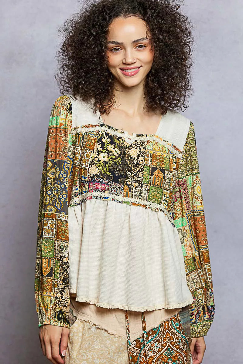 POL Balloon Sleeve Peplum Blouse with Trim Detail NATURAL