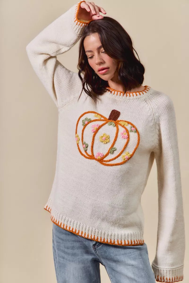 SO ME Pumpkin Floral Embroidered Thanksgiving Sweater