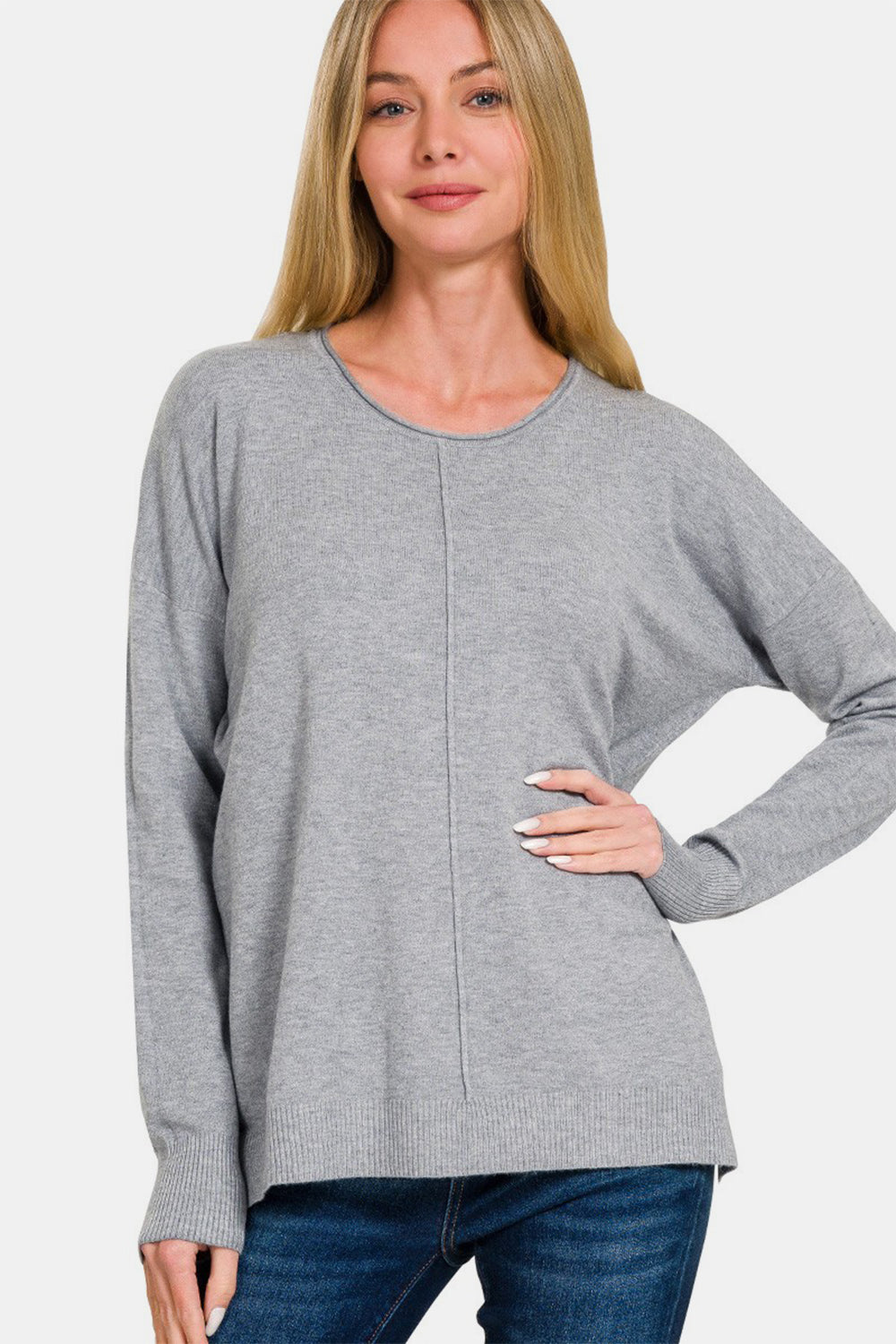 Zenana Gray Front Seam Round Neck Sweater Gray Shirts & Tops