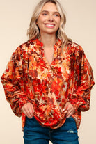 Haptics Rust Floral Print Notched Neck Smocked Satin Top Haptics