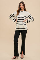 Annie Wear Ribbed Side Slit Striped Round Neck Sweater