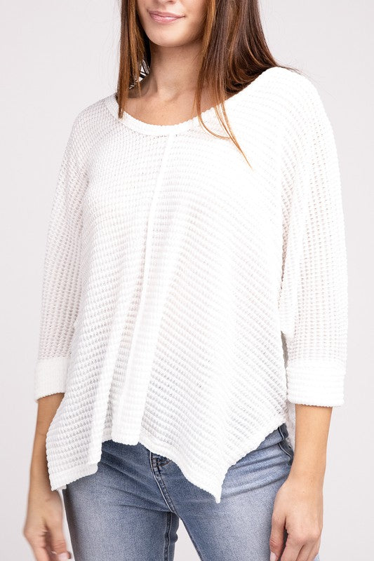 Zenana 3/4 Sleeve V-Neck Hi-Low Hem Jacquard Sweater OFF WHITE ZENANA
