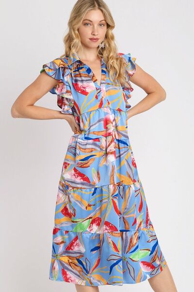 Umgee Periwinkle Leaf Print Double Layered Ruffle Sleeve Tiered Midi Dress PERIWINKLEMIX