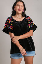 Umgee Black Velvet Embroidery Short Sleeve Blouse Shirts & Tops