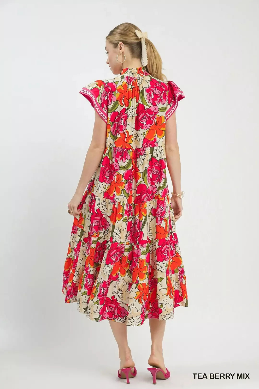 Umgee Tea Berry Mix Bold Floral Tiered Midi Dress