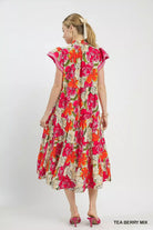 Umgee Tea Berry Mix Bold Floral Tiered Midi Dress