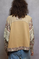 POL Mocha Cafe Contrast Floral Embroidery Balloon Sleeve Top with Tassel Trim