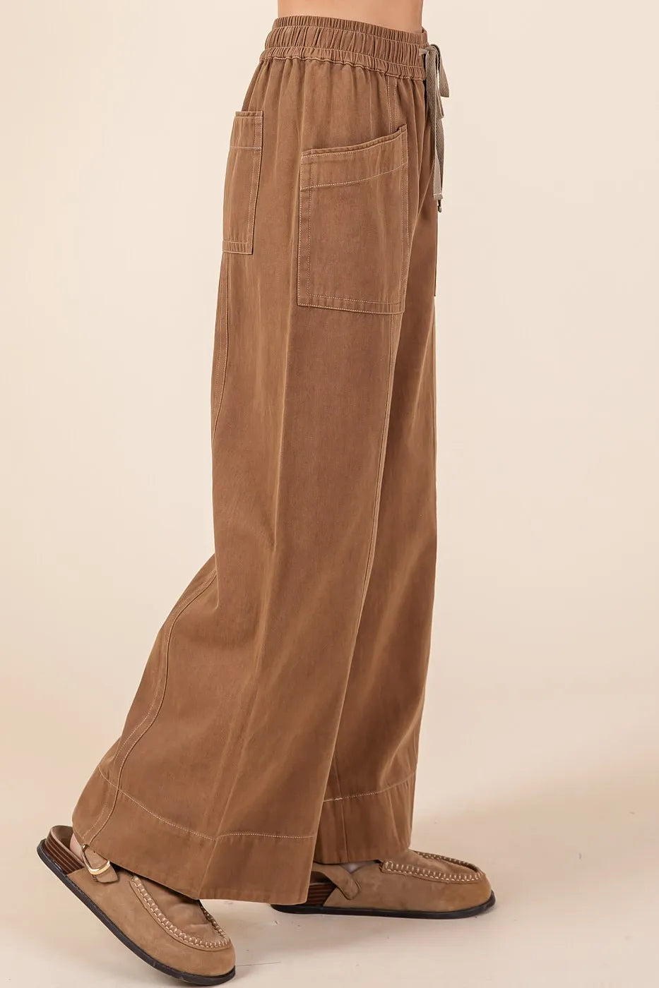 Mittoshop Cocoa Mineral Wash Wide Leg Elastic Waist Twill Pants