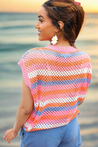 Haptics Pretty In Pink & Blue Striped Netted Crochet Dolman Sweater Top Final Sale Haptics