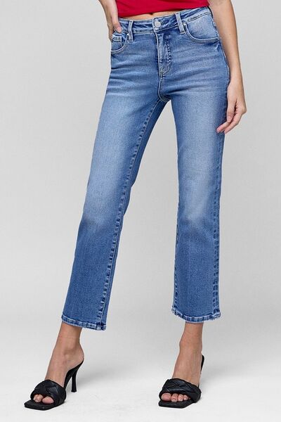 RISEN Medium Washed Tummy Control High Rise Crop Straight Jeans