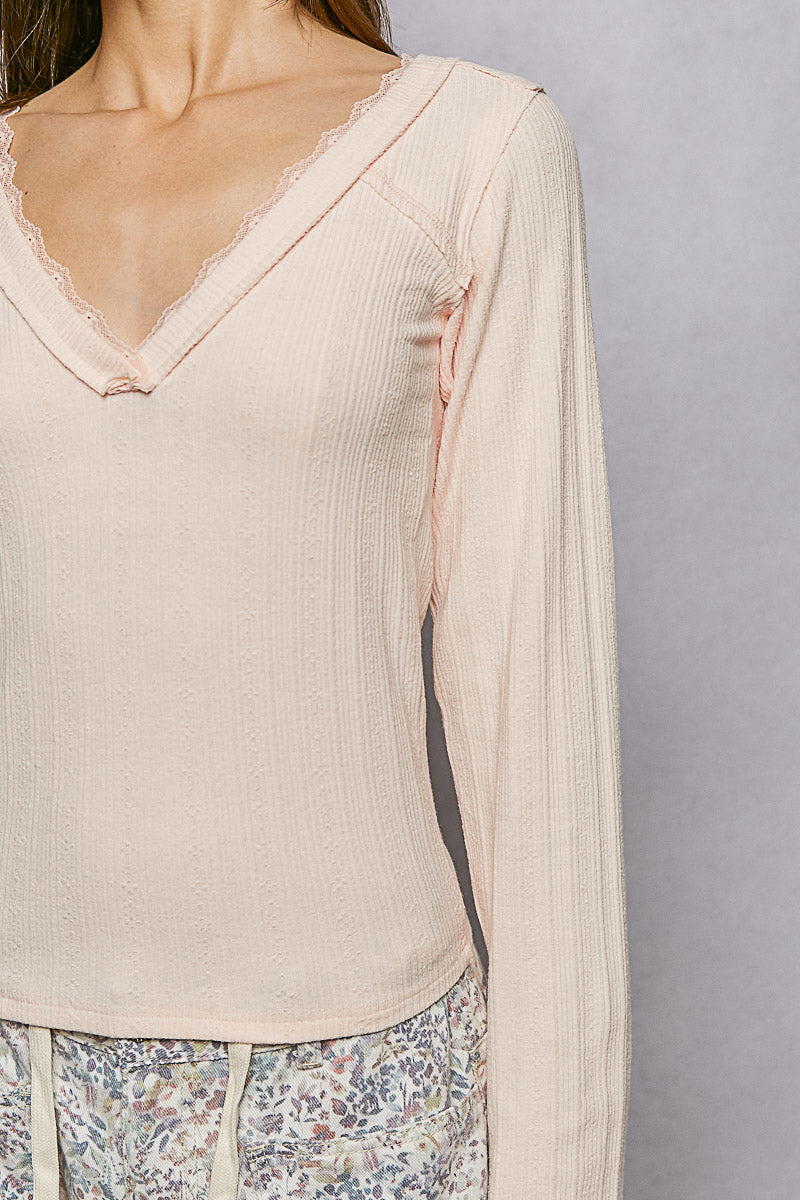 POL Blush V-Neck Long Sleeve Ribbed Top with Lace-Accent Neckband