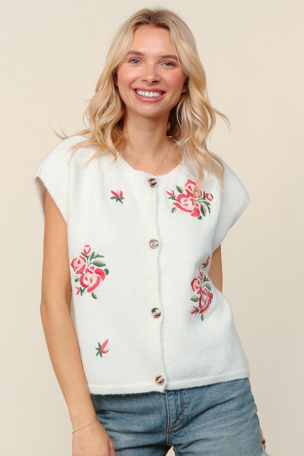 Haptics Button Down Floral Embroidery Sweater Vest